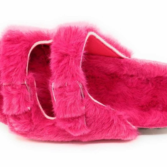 Womens Slippers Double Strap Faux Fur Slippers Double Buckle Open Toe Sandals - Picture 7 of 8